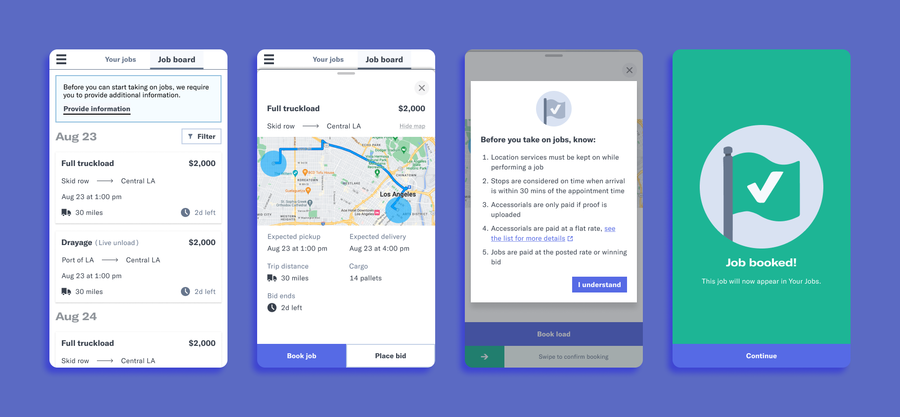 Job board with loads organized by date, showing job type, route, price, and bid deadline